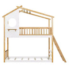 Letto a Castello Doppio con Tetto, Design a Casetta, Scaletta Sicura e Ringhiere - Naturale