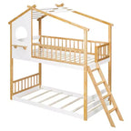 Letto a Castello Doppio con Tetto, Design a Casetta, Scaletta Sicura e Ringhiere - Naturale