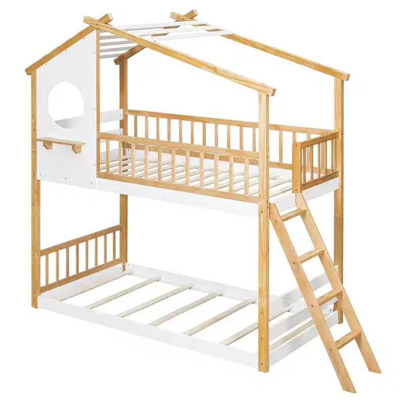 Letto a Castello Doppio con Tetto, Design a Casetta, Scaletta Sicura e Ringhiere - Naturale