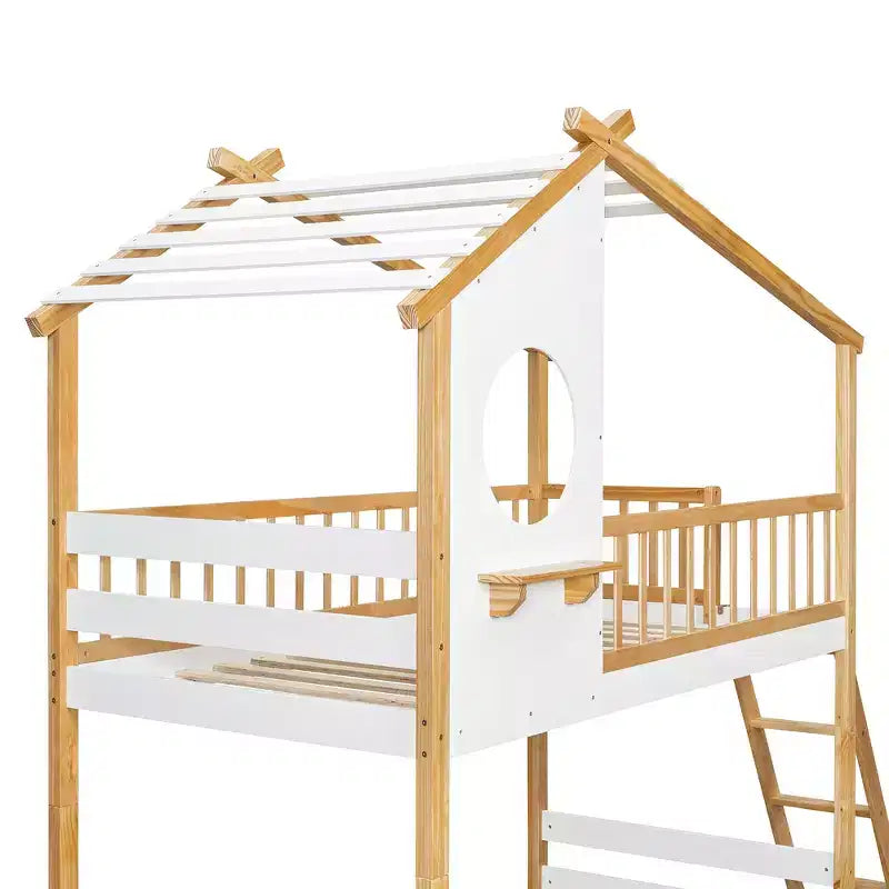 Letto a Castello Doppio con Tetto, Design a Casetta, Scaletta Sicura e Ringhiere - Naturale