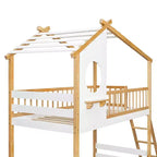 Letto a Castello Doppio con Tetto, Design a Casetta, Scaletta Sicura e Ringhiere - Naturale