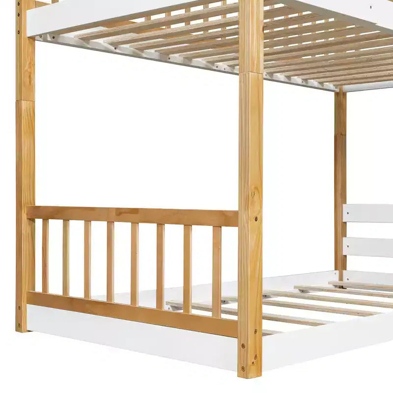 Letto a Castello Doppio con Tetto, Design a Casetta, Scaletta Sicura e Ringhiere - Naturale