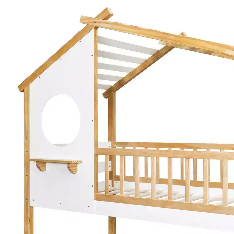 Letto a Castello Doppio con Tetto, Design a Casetta, Scaletta Sicura e Ringhiere - Naturale