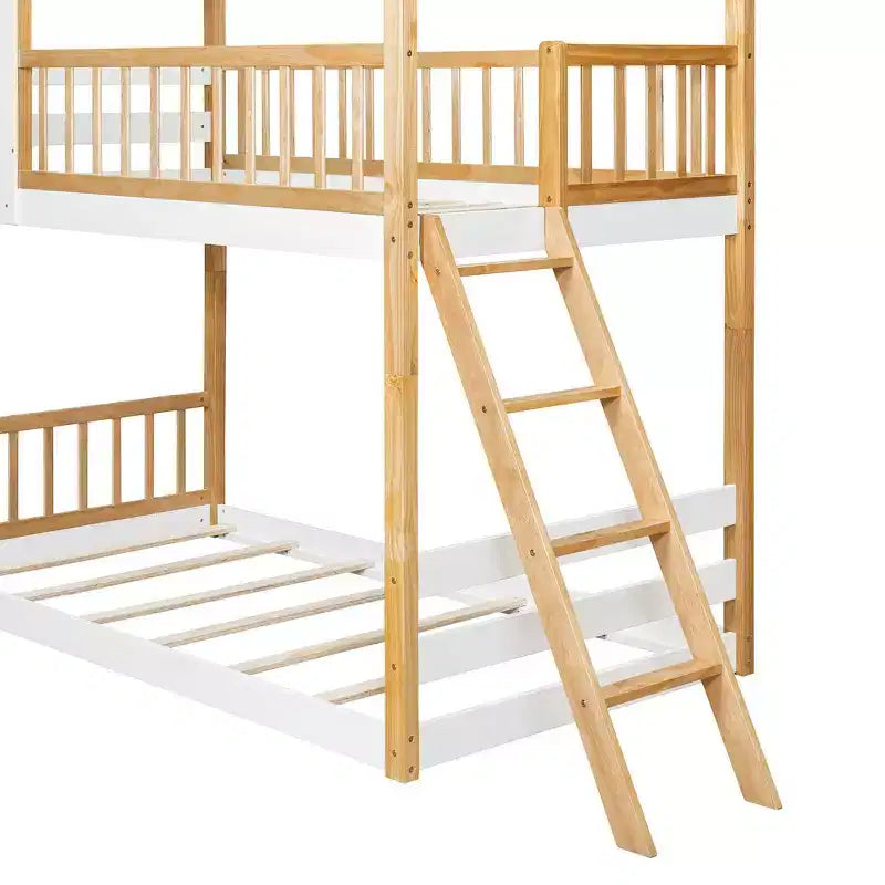 Letto a Castello Doppio con Tetto, Design a Casetta, Scaletta Sicura e Ringhiere - Naturale