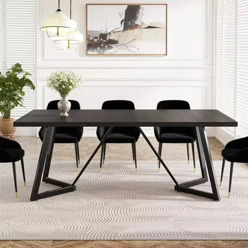 Tavolo da pranzo moderno da 70,96 pollici, piano in MDF effetto legno nero marrone, gambe in ferro metallico