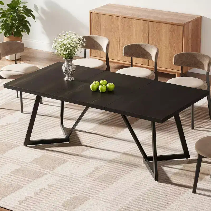 Tavolo da pranzo moderno da 70,96 pollici, piano in MDF effetto legno nero marrone, gambe in ferro metallico