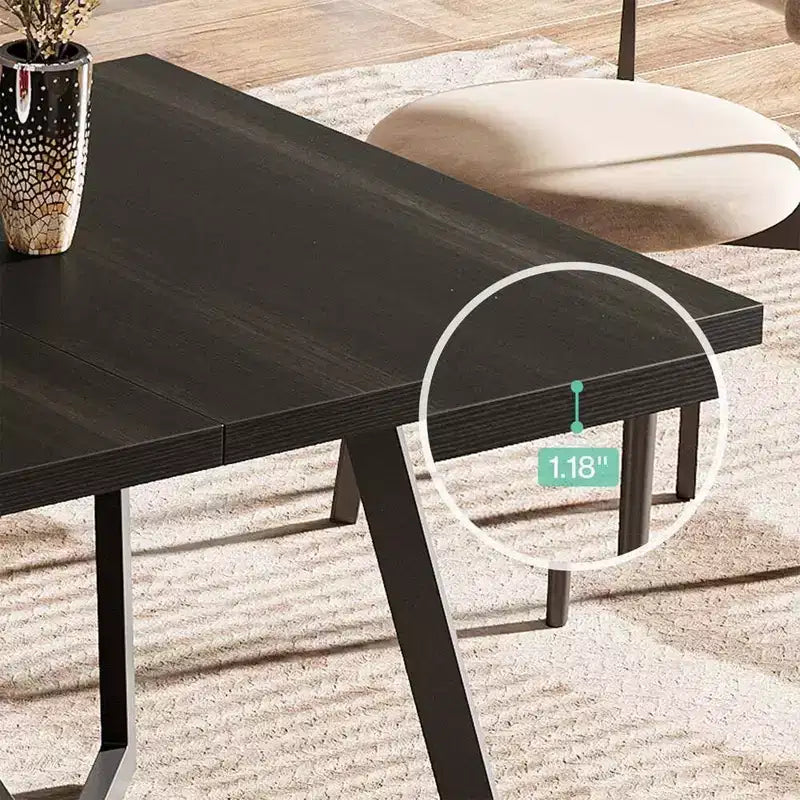 Tavolo da pranzo moderno da 70,96 pollici, piano in MDF effetto legno nero marrone, gambe in ferro metallico
