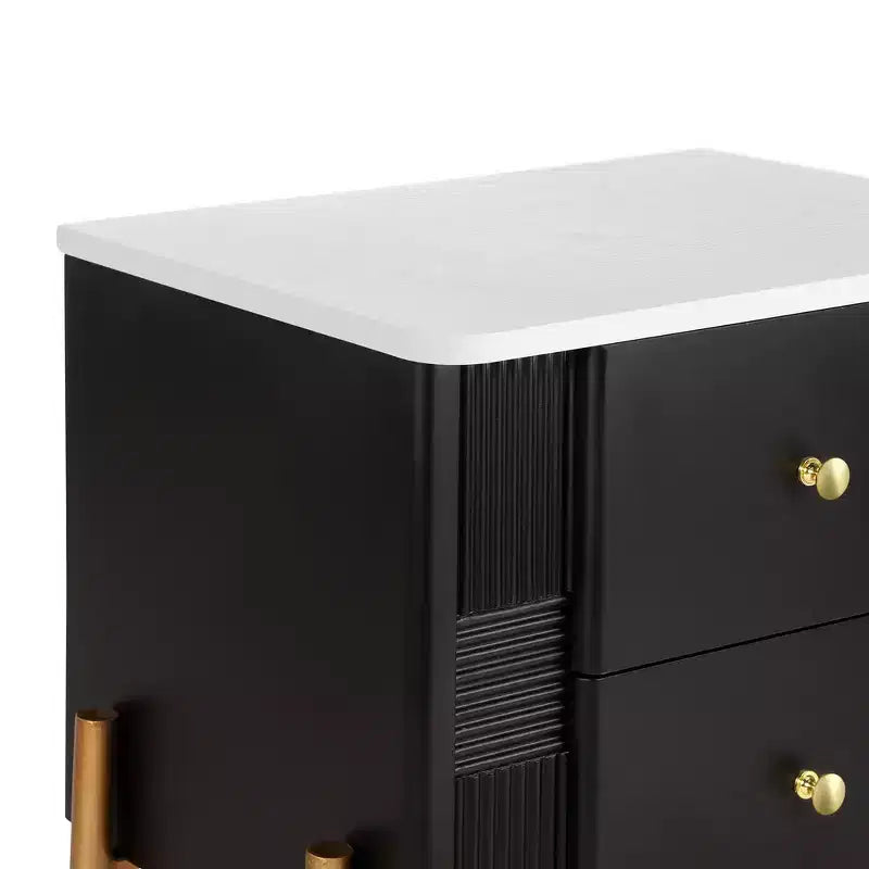 Comodino Moderno Minimalista con 2 Cassetti Contenitori, Maniglie e Gambe in Metallo Dorato, Design Testurizzato Unico