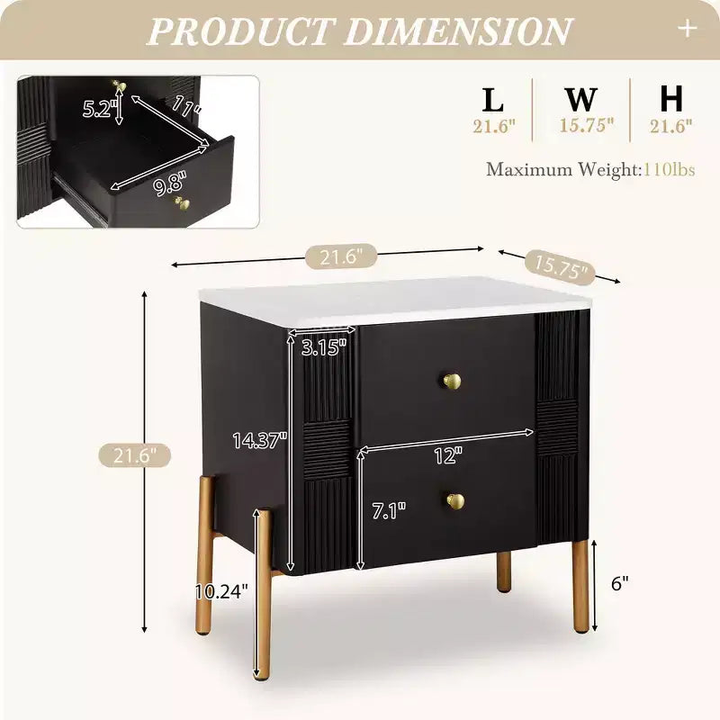 Comodino Moderno Minimalista con 2 Cassetti Contenitori, Maniglie e Gambe in Metallo Dorato, Design Testurizzato Unico