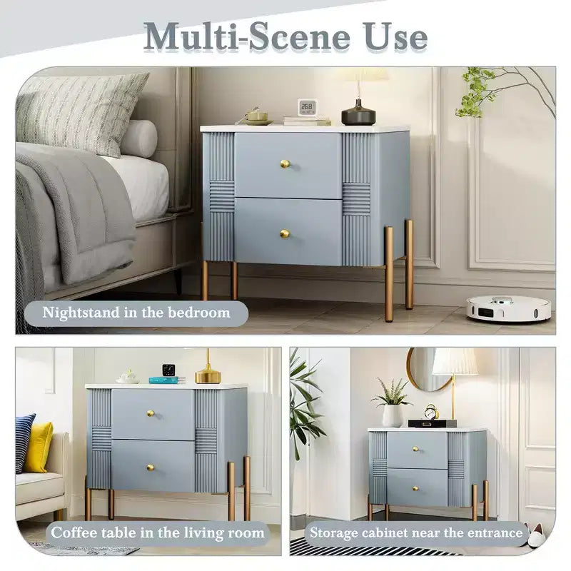 Comodino Moderno Minimalista con 2 Cassetti Contenitori, Maniglie e Gambe in Metallo Dorato, Design Testurizzato Unico