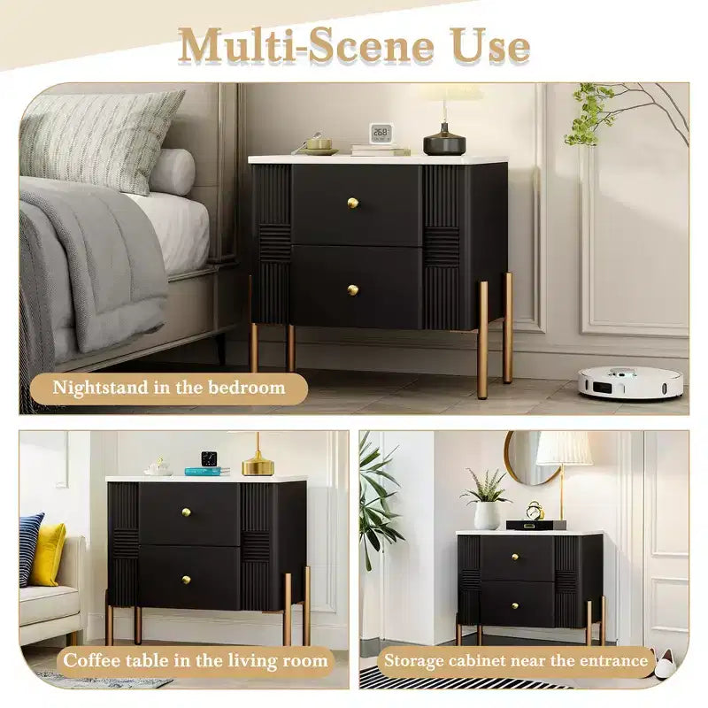 Comodino Moderno Minimalista con 2 Cassetti Contenitori, Maniglie e Gambe in Metallo Dorato, Design Testurizzato Unico