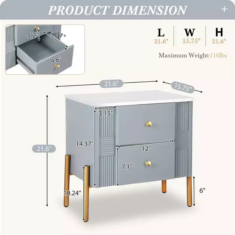 Comodino Moderno Minimalista con 2 Cassetti Contenitori, Maniglie e Gambe in Metallo Dorato, Design Testurizzato Unico