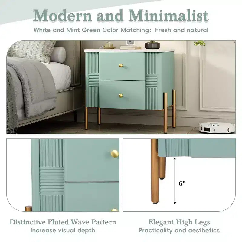 Comodino Moderno Minimalista con 2 Cassetti Contenitori, Maniglie e Gambe in Metallo Dorato, Design Testurizzato Unico