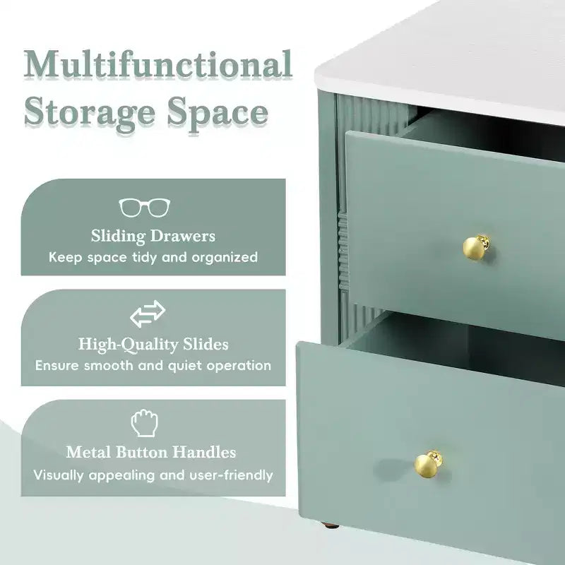 Comodino Moderno Minimalista con 2 Cassetti Contenitori, Maniglie e Gambe in Metallo Dorato, Design Testurizzato Unico