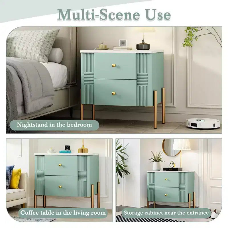 Comodino Moderno Minimalista con 2 Cassetti Contenitori, Maniglie e Gambe in Metallo Dorato, Design Testurizzato Unico