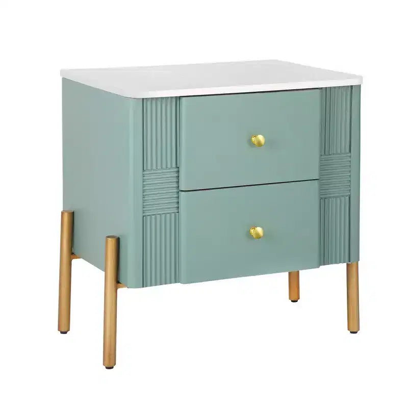 Comodino Moderno Minimalista con 2 Cassetti Contenitori, Maniglie e Gambe in Metallo Dorato, Design Testurizzato Unico