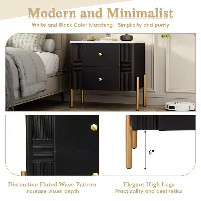 Comodino Moderno Minimalista con 2 Cassetti Contenitori, Maniglie e Gambe in Metallo Dorato, Design Testurizzato Unico