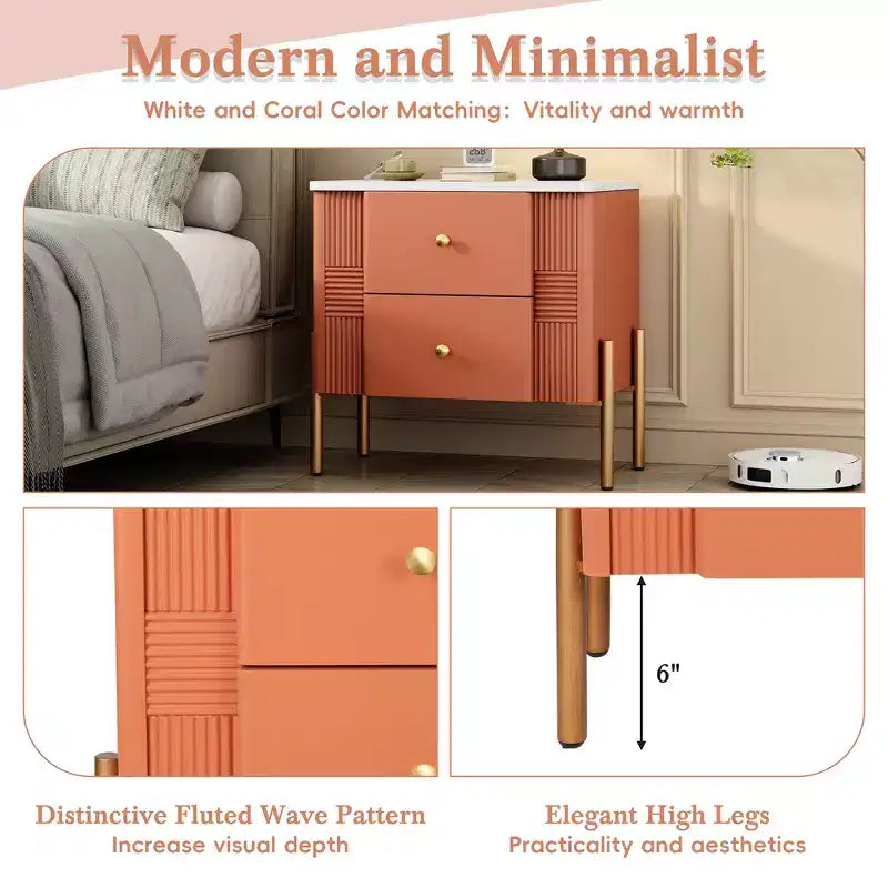 Comodino Moderno Minimalista con 2 Cassetti Contenitori, Maniglie e Gambe in Metallo Dorato, Design Testurizzato Unico