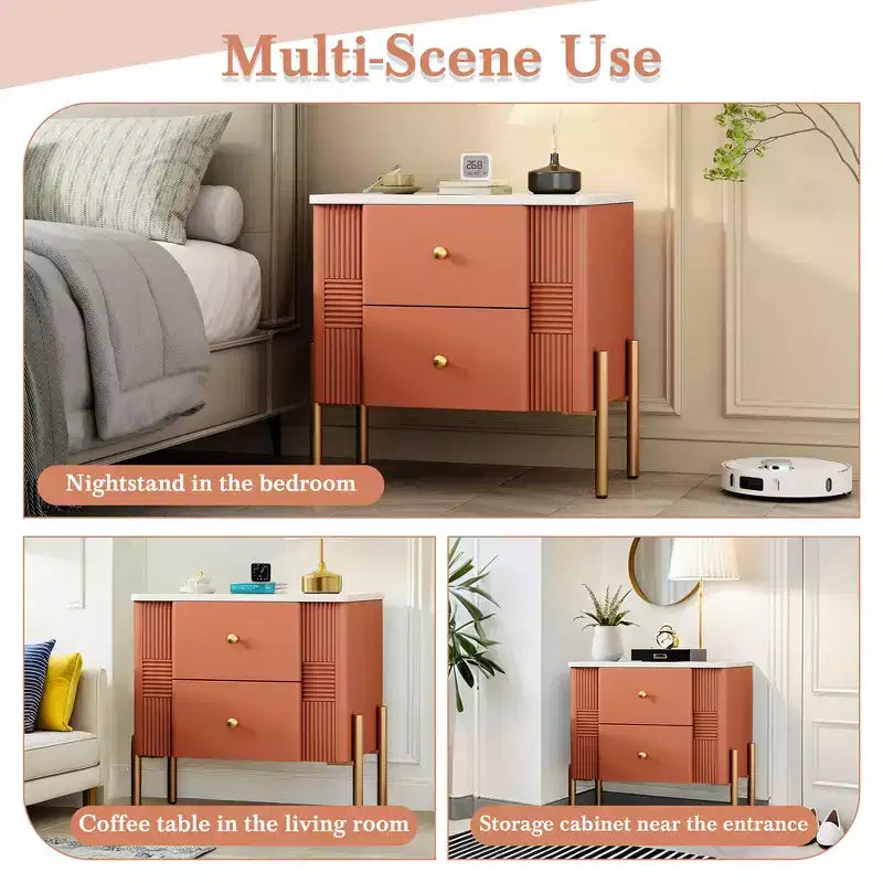 Comodino Moderno Minimalista con 2 Cassetti Contenitori, Maniglie e Gambe in Metallo Dorato, Design Testurizzato Unico