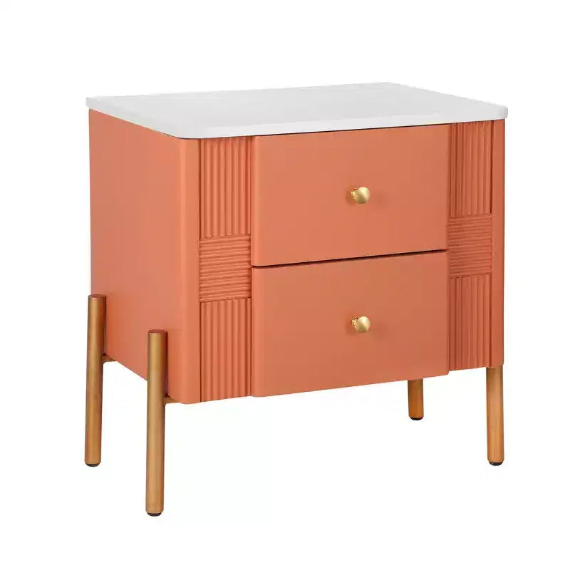 Comodino Moderno Minimalista con 2 Cassetti Contenitori, Maniglie e Gambe in Metallo Dorato, Design Testurizzato Unico