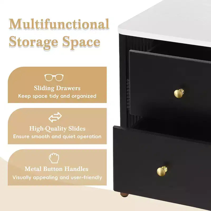 Comodino Moderno Minimalista con 2 Cassetti Contenitori, Maniglie e Gambe in Metallo Dorato, Design Testurizzato Unico