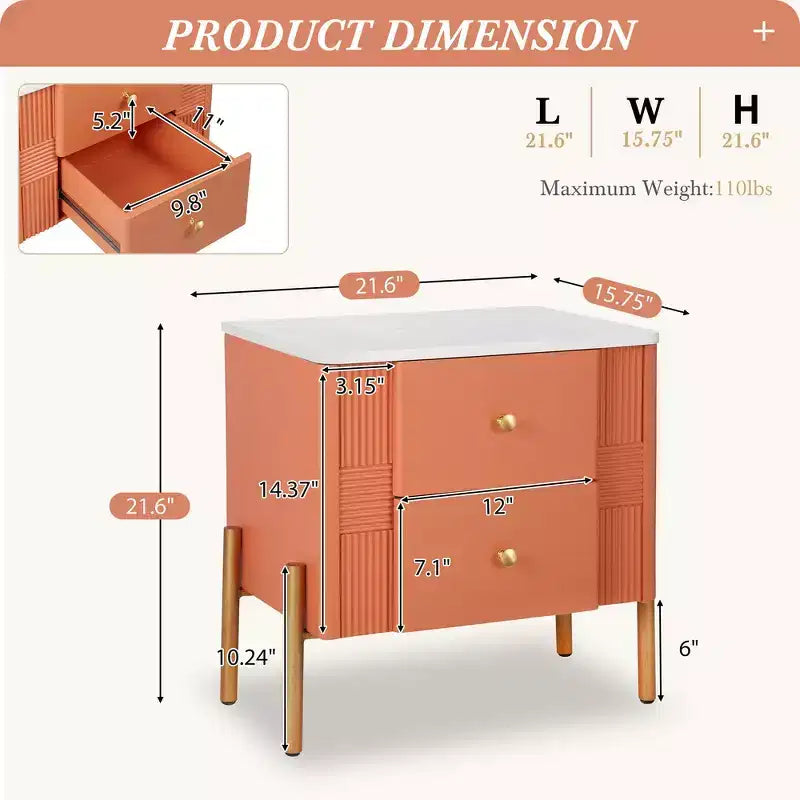 Comodino Moderno Minimalista con 2 Cassetti Contenitori, Maniglie e Gambe in Metallo Dorato, Design Testurizzato Unico