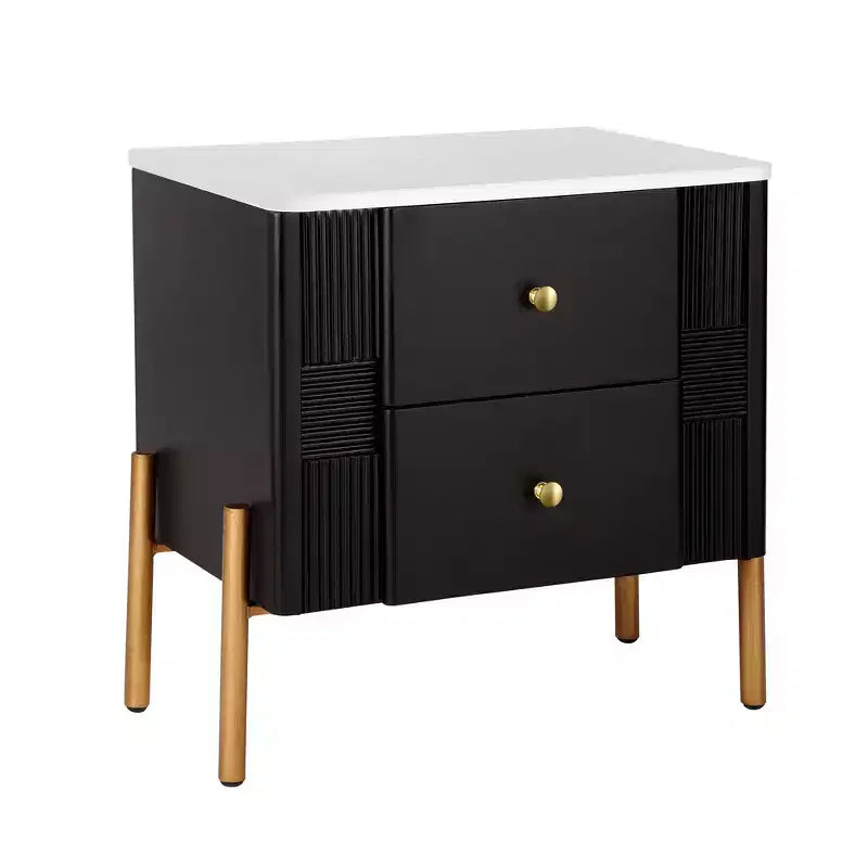 Comodino Moderno Minimalista con 2 Cassetti Contenitori, Maniglie e Gambe in Metallo Dorato, Design Testurizzato Unico