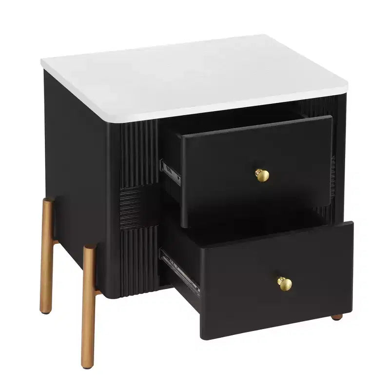 Comodino Moderno Minimalista con 2 Cassetti Contenitori, Maniglie e Gambe in Metallo Dorato, Design Testurizzato Unico