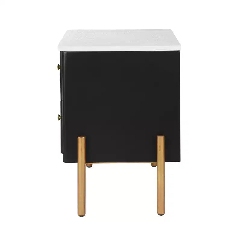 Comodino Moderno Minimalista con 2 Cassetti Contenitori, Maniglie e Gambe in Metallo Dorato, Design Testurizzato Unico
