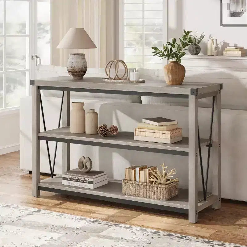Tavolo da ingresso stile rustico da 47 pollici, consolle in legno a 3 livelli con ripiano, per soggiorno, tavolino da corridoio, grigio