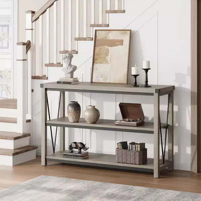 Tavolo da ingresso stile rustico da 47 pollici, consolle in legno a 3 livelli con ripiano, per soggiorno, tavolino da corridoio, grigio