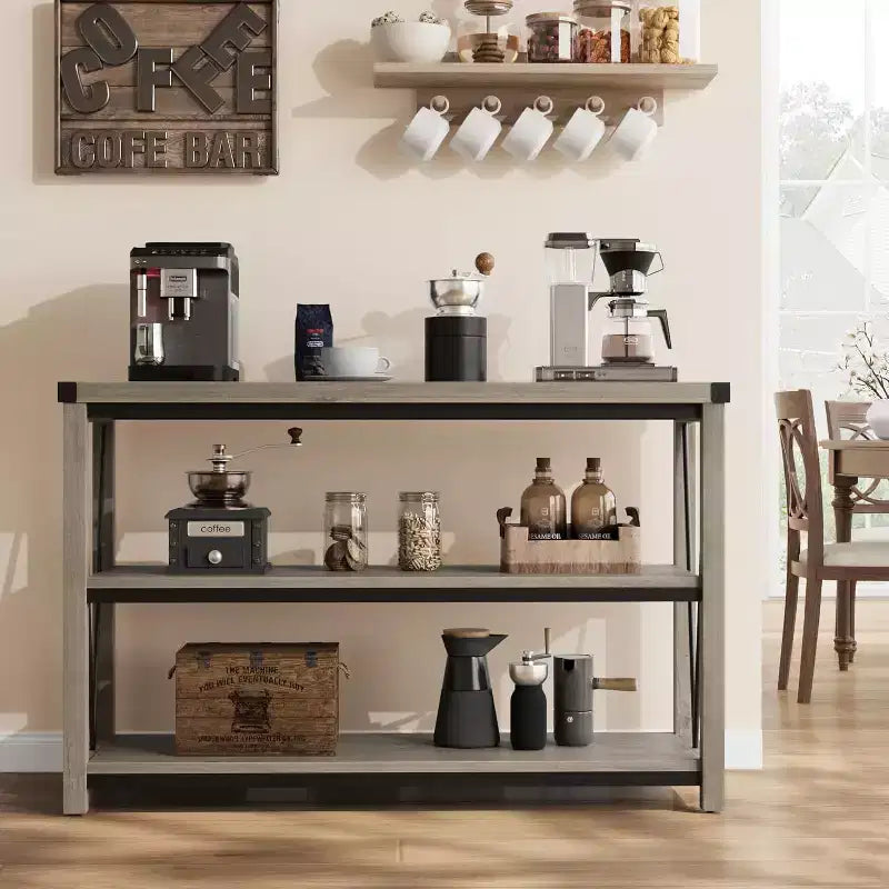 Tavolo da ingresso stile rustico da 47 pollici, consolle in legno a 3 livelli con ripiano, per soggiorno, tavolino da corridoio, grigio