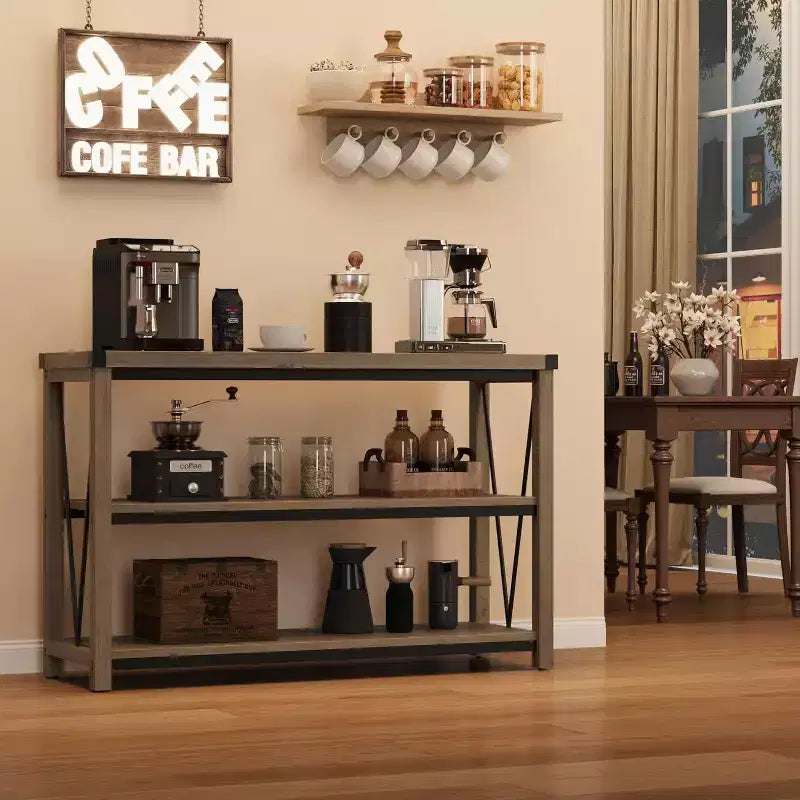 Tavolo da ingresso stile rustico da 47 pollici, consolle in legno a 3 livelli con ripiano, per soggiorno, tavolino da corridoio, grigio
