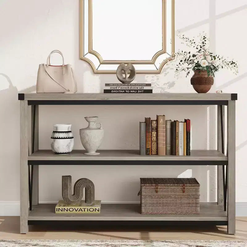 Tavolo da ingresso stile rustico da 47 pollici, consolle in legno a 3 livelli con ripiano, per soggiorno, tavolino da corridoio, grigio