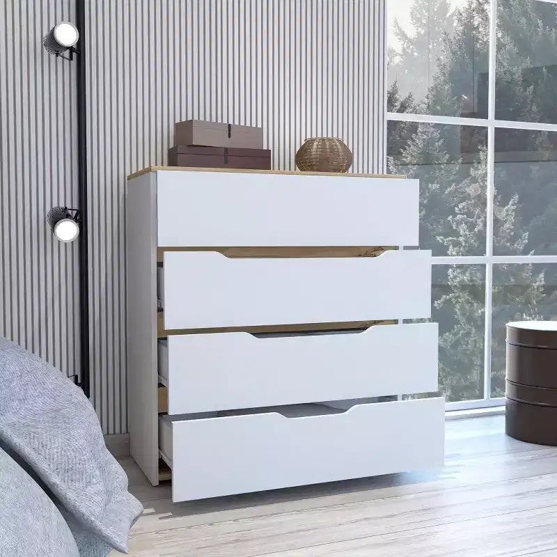 Comò a 4 cassetti Ampio spazio con cassetti spaziosi, Robusto legno ingegnerizzato, Piano superiore per spazi domestici versatili