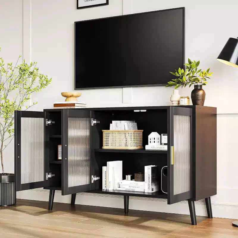 Mobile porta TV grande 48", moderno con 3 ante in vetro scanalato, 5 ripiani regolabili, nero per soggiorno