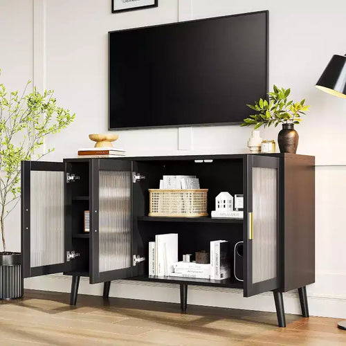 Mobile porta TV grande 48", moderno con 3 ante in vetro scanalato, 5 ripiani regolabili, nero per soggiorno