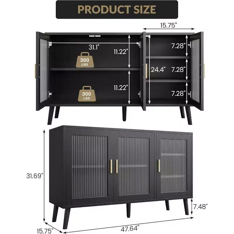 Mobile porta TV grande 48", moderno con 3 ante in vetro scanalato, 5 ripiani regolabili, nero per soggiorno