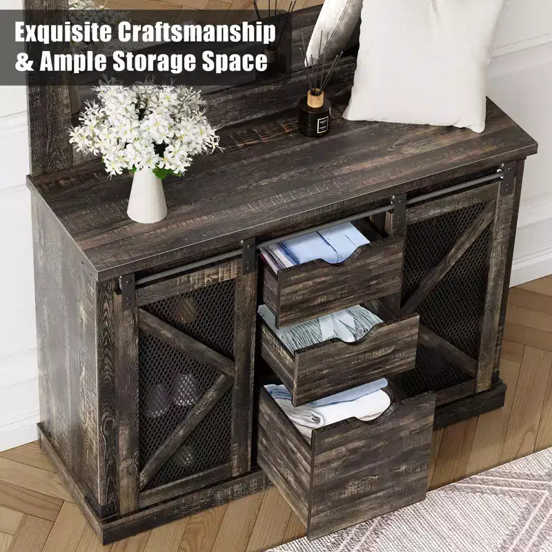 Mobile da ingresso 5-in-1 multifunzione con scarpiera, appendiabiti laterale regolabile, attaccapanni e tavolo da toeletta. Design angolare - Perfetto per l'ingresso