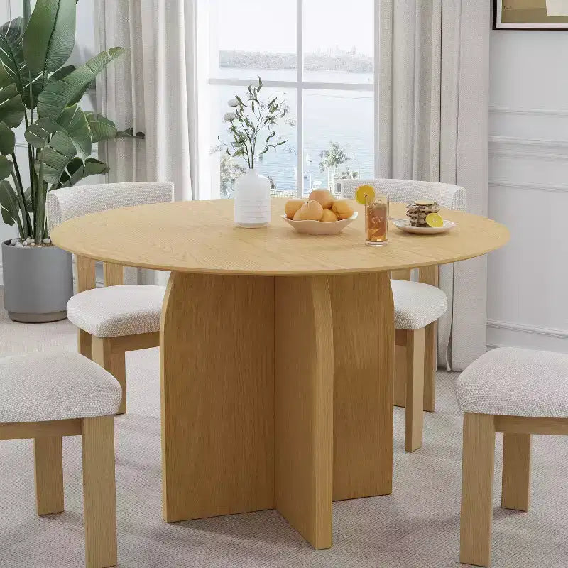 Tavolo da pranzo rotondo in legno massello 45 x 45 cm con finitura naturale ed eleganti gambe ad arco per sale da pranzo e cucine moderne