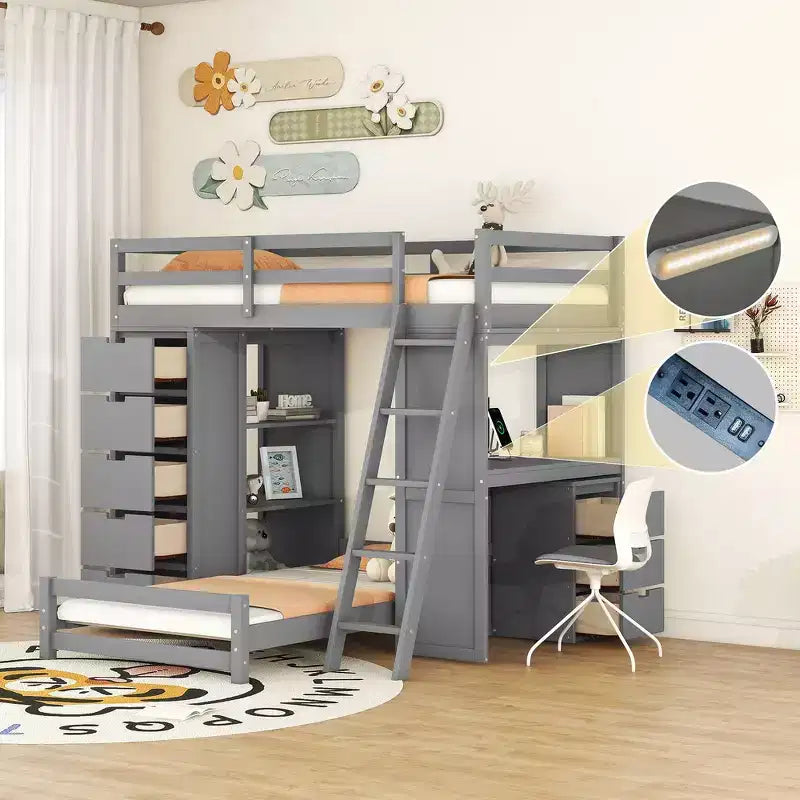 Letto a castello singolo su singolo con cassetti, mensole, scrivania, luce LED e porte di ricarica