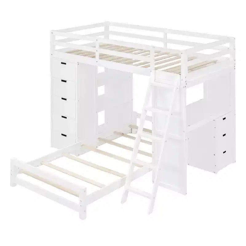 Letto a castello singolo su singolo con cassetti, mensole, scrivania, luce LED e porte di ricarica