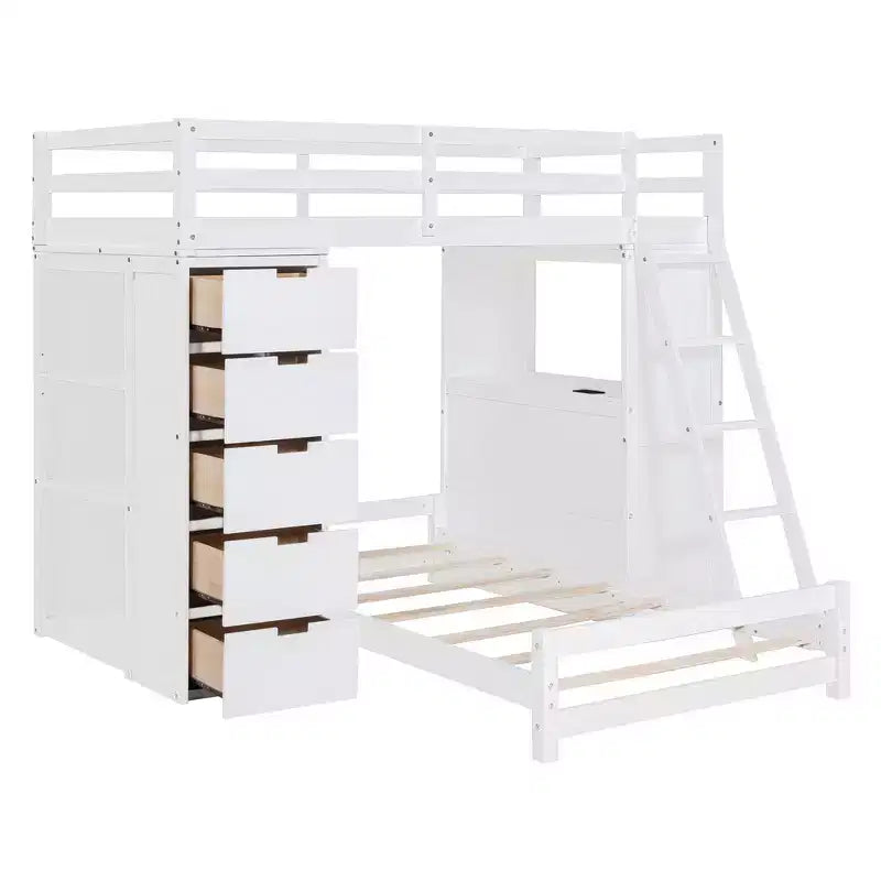 Letto a castello singolo su singolo con cassetti, mensole, scrivania, luce LED e porte di ricarica