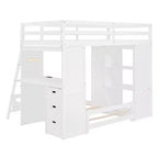 Letto a castello singolo su singolo con cassetti, mensole, scrivania, luce LED e porte di ricarica