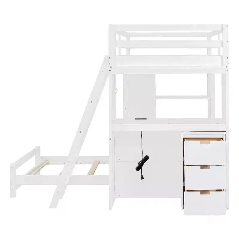 Letto a castello singolo su singolo con cassetti, mensole, scrivania, luce LED e porte di ricarica
