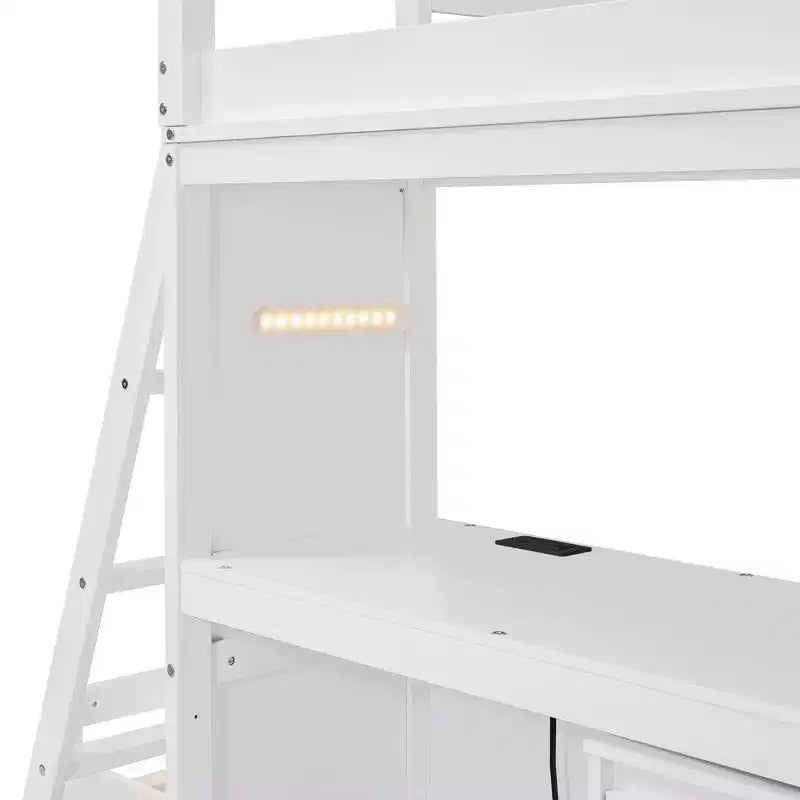 Letto a castello singolo su singolo con cassetti, mensole, scrivania, luce LED e porte di ricarica