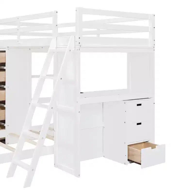 Letto a castello singolo su singolo con cassetti, mensole, scrivania, luce LED e porte di ricarica