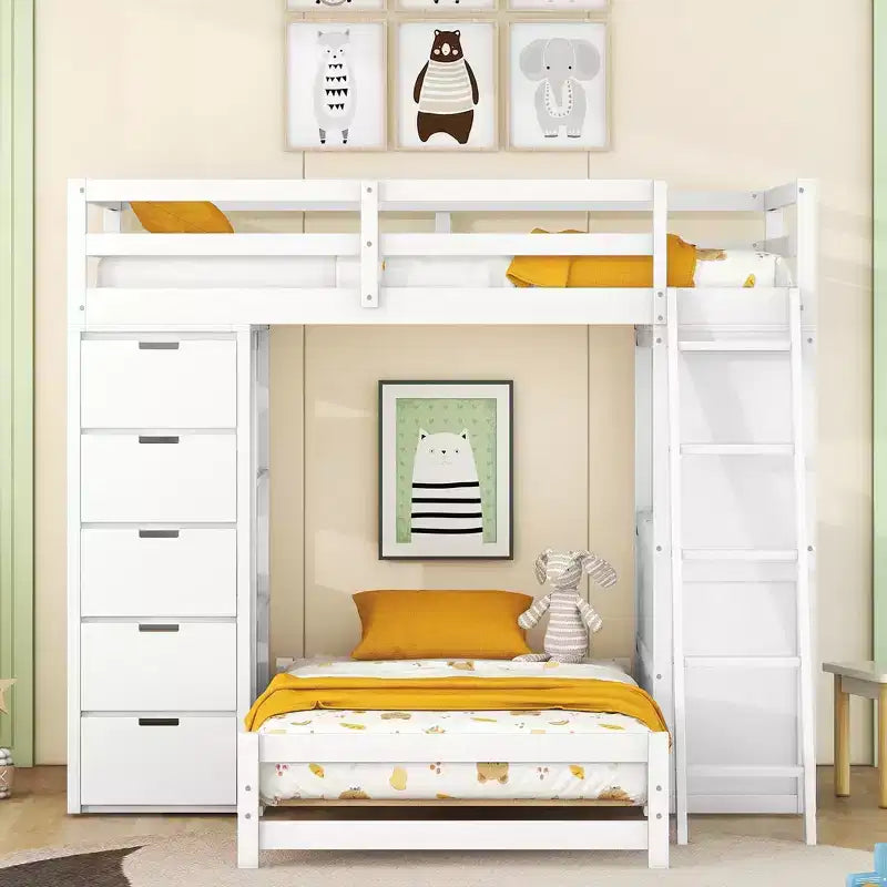 Letto a castello singolo su singolo con cassetti, mensole, scrivania, luce LED e porte di ricarica